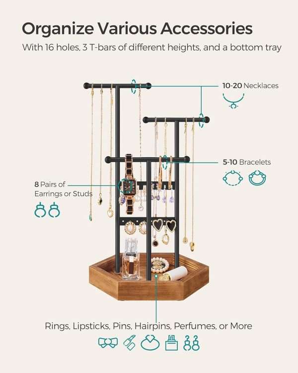SONGMICS Jewelry Holder, Jewelry Organizer, 4 Independent Zones, Jewelry Display Stand with Metal Frame, Necklace Earring Bracelet Holder, for Rings, Black and Caramel Brown UJJS03CB - 3