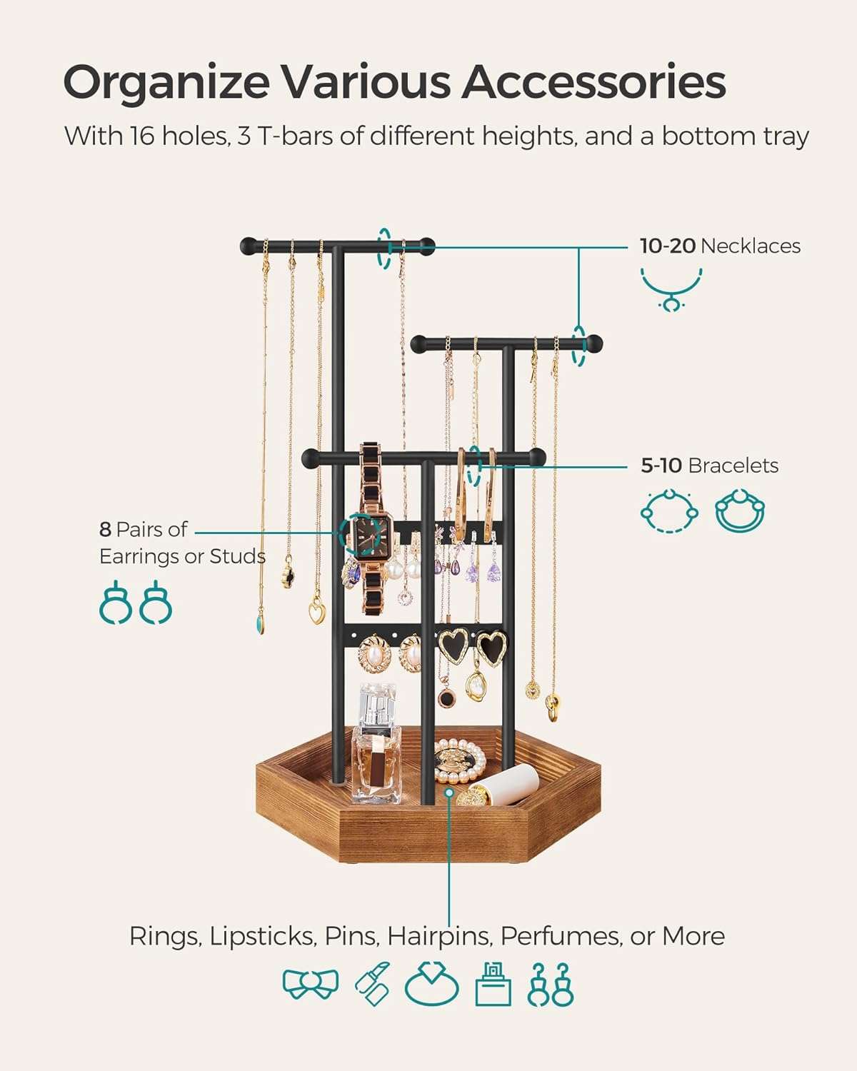 SONGMICS Jewelry Holder, Jewelry Organizer, 4 Independent Zones, Jewelry Display Stand with Metal Frame, Necklace Earring Bracelet Holder, for Rings, Black and Caramel Brown UJJS03CB - 3