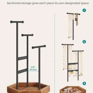 SONGMICS Jewelry Holder, Jewelry Organizer, 4 Independent Zones, Jewelry Display Stand with Metal Frame, Necklace Earring Bracelet Holder, for Rings, Black and Caramel Brown UJJS03CB - 4