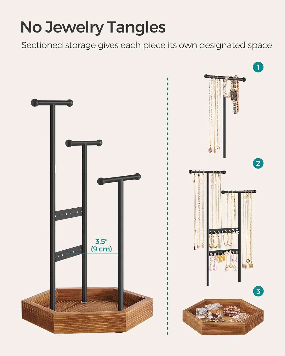 SONGMICS Jewelry Holder, Jewelry Organizer, 4 Independent Zones, Jewelry Display Stand with Metal Frame, Necklace Earring Bracelet Holder, for Rings, Black and Caramel Brown UJJS03CB - 4