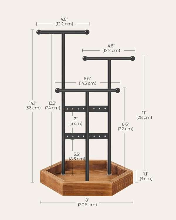 SONGMICS Jewelry Holder, Jewelry Organizer, 4 Independent Zones, Jewelry Display Stand with Metal Frame, Necklace Earring Bracelet Holder, for Rings, Black and Caramel Brown UJJS03CB - 5