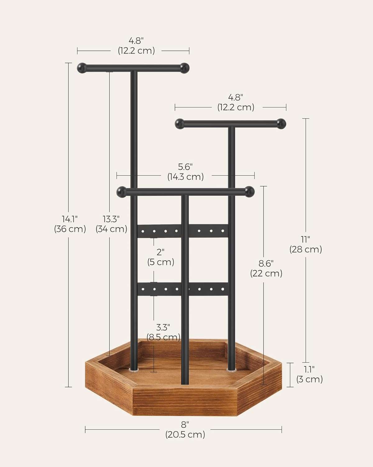 SONGMICS Jewelry Holder, Jewelry Organizer, 4 Independent Zones, Jewelry Display Stand with Metal Frame, Necklace Earring Bracelet Holder, for Rings, Black and Caramel Brown UJJS03CB - 5