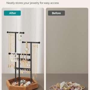 SONGMICS Jewelry Holder, Jewelry Organizer, 4 Independent Zones, Jewelry Display Stand with Metal Frame, Necklace Earring Bracelet Holder, for Rings, Black and Caramel Brown UJJS03CB - 6