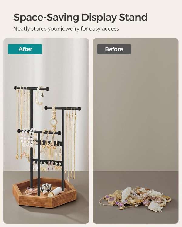 SONGMICS Jewelry Holder, Jewelry Organizer, 4 Independent Zones, Jewelry Display Stand with Metal Frame, Necklace Earring Bracelet Holder, for Rings, Black and Caramel Brown UJJS03CB - 6