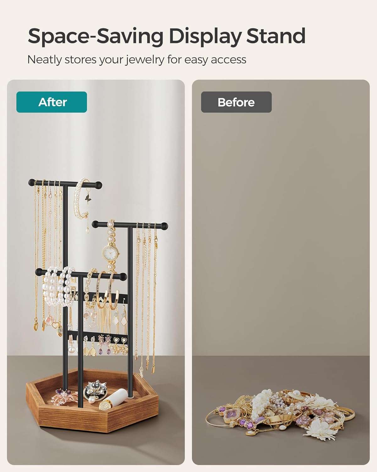 SONGMICS Jewelry Holder, Jewelry Organizer, 4 Independent Zones, Jewelry Display Stand with Metal Frame, Necklace Earring Bracelet Holder, for Rings, Black and Caramel Brown UJJS03CB - 6