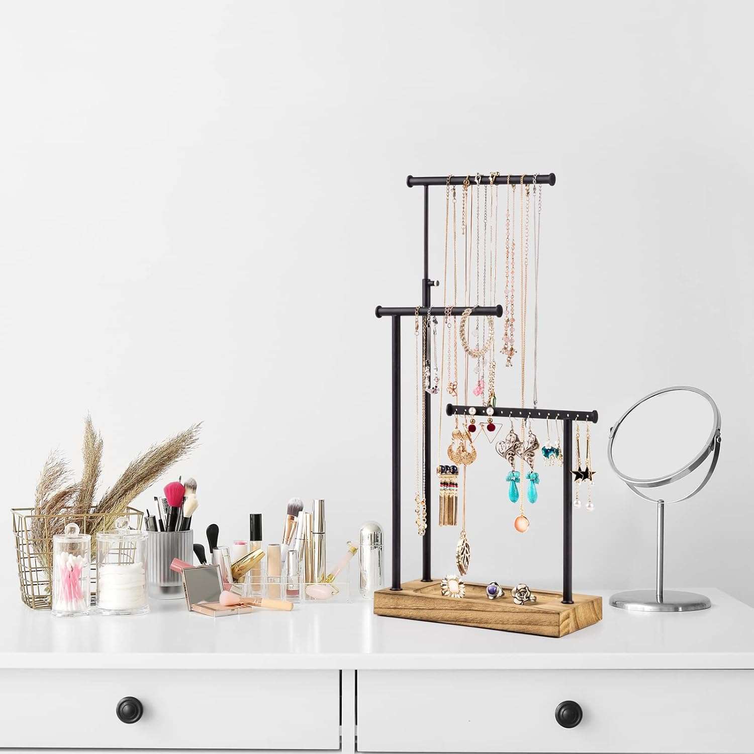 SRIWATANA Jewelry Organizer Stand, Extra Tall Necklace Holder Jewelry Holder, Gift Idea (Carbonized Black & Black) - 4