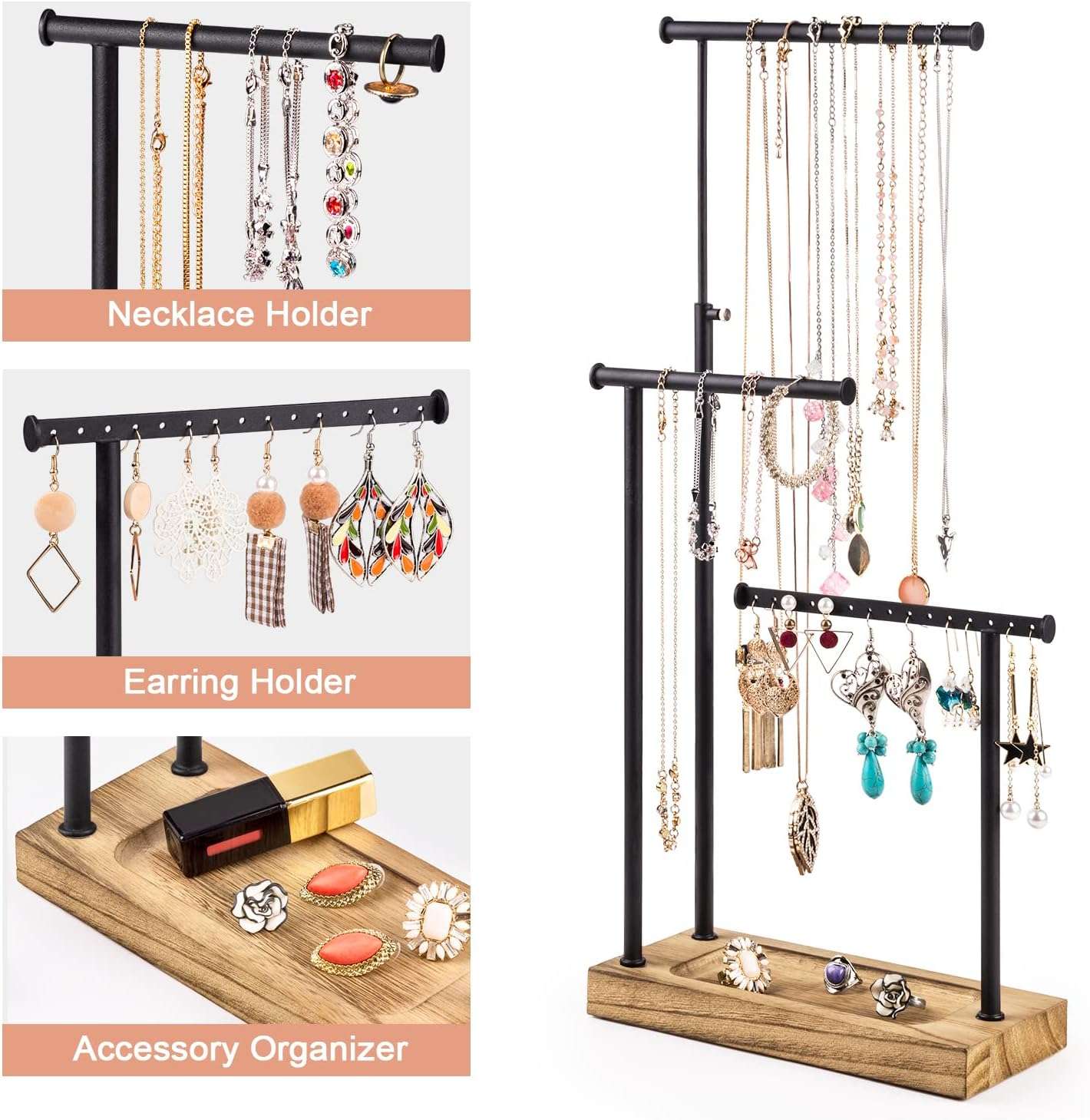 SRIWATANA Jewelry Organizer Stand, Extra Tall Necklace Holder Jewelry Holder, Gift Idea (Carbonized Black & Black) - 5