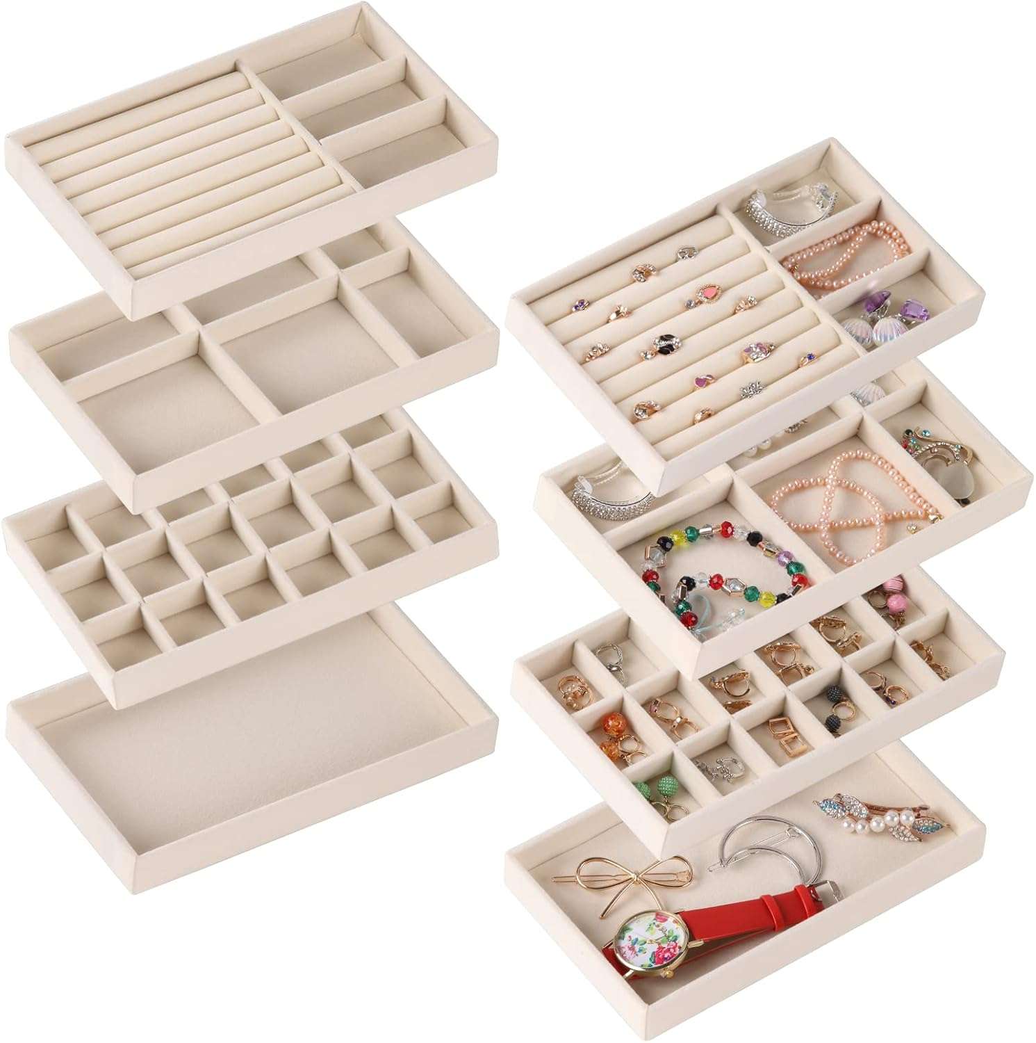 Set of 8 Stackable Jewelry Organizer Stackable Trays,Jewelry Drawer Inserts Container Display Case Storage for Earring Necklace Rings Bracelet Watch with Removable Dividers-Beige - 1
