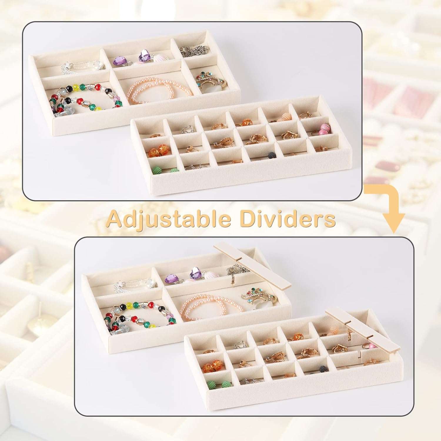Set of 8 Stackable Jewelry Organizer Stackable Trays,Jewelry Drawer Inserts Container Display Case Storage for Earring Necklace Rings Bracelet Watch with Removable Dividers-Beige - 3