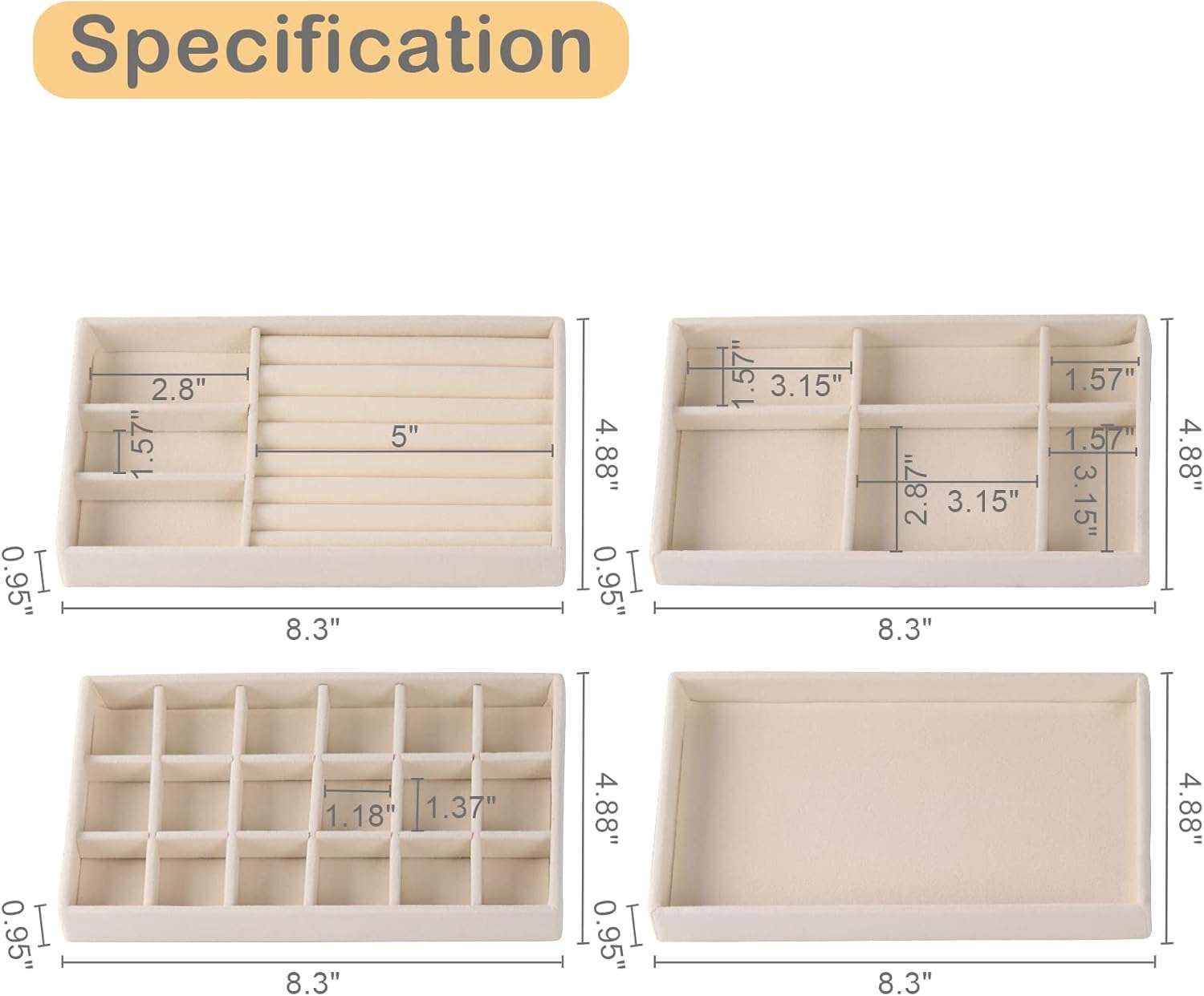 Set of 8 Stackable Jewelry Organizer Stackable Trays,Jewelry Drawer Inserts Container Display Case Storage for Earring Necklace Rings Bracelet Watch with Removable Dividers-Beige - 4