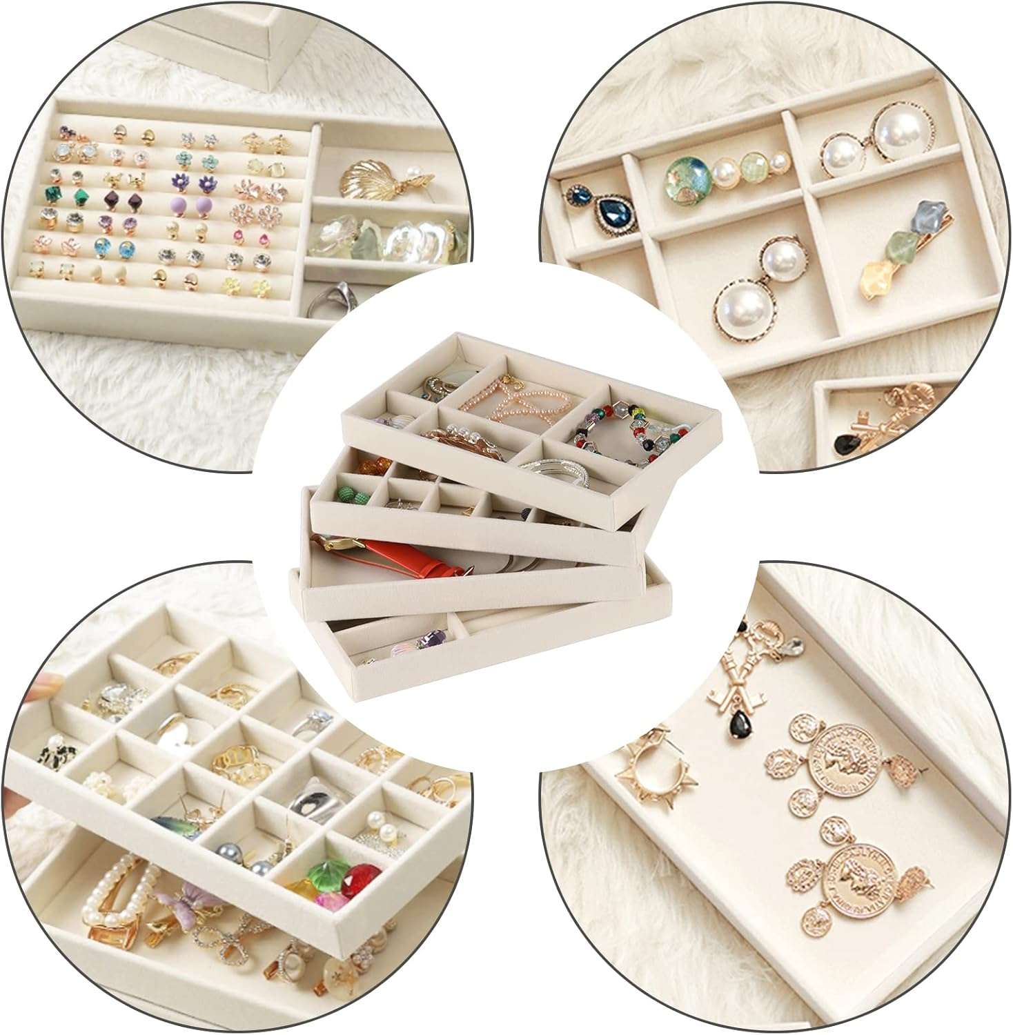 Set of 8 Stackable Jewelry Organizer Stackable Trays,Jewelry Drawer Inserts Container Display Case Storage for Earring Necklace Rings Bracelet Watch with Removable Dividers-Beige - 6