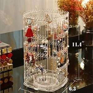 Sooyee 360 Rotating Earring Holder and Jewelry Organizer, 4 Tiers Jewelry Rack Display Classic Stand, 156 Holes and 160 Grooves for Necklaces Earrings Piercings, Clear - 4