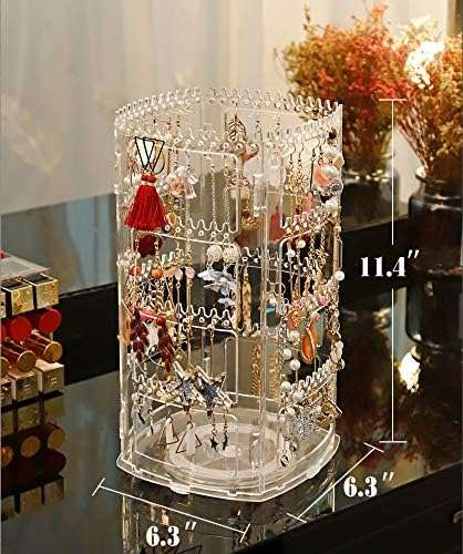 Sooyee 360 Rotating Earring Holder and Jewelry Organizer, 4 Tiers Jewelry Rack Display Classic Stand, 156 Holes and 160 Grooves for Necklaces Earrings Piercings, Clear - 4