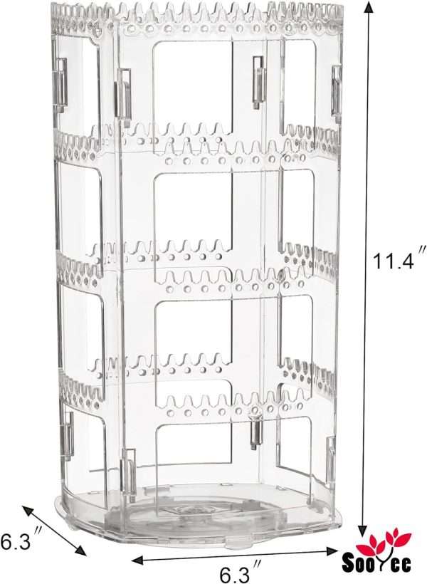 Sooyee 360 Rotating Earring Holder and Jewelry Organizer, 4 Tiers Jewelry Rack Display Classic Stand, 156 Holes and 160 Grooves for Necklaces Earrings Piercings, Clear - 5