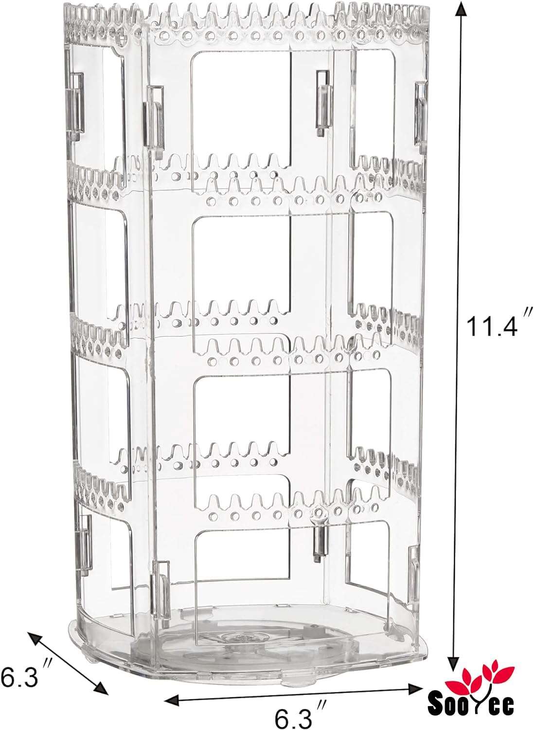 Sooyee 360 Rotating Earring Holder and Jewelry Organizer, 4 Tiers Jewelry Rack Display Classic Stand, 156 Holes and 160 Grooves for Necklaces Earrings Piercings, Clear - 5