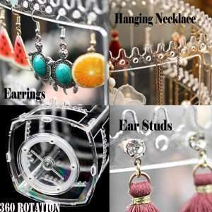 Sooyee 360 Rotating Earring Holder and Jewelry Organizer, 4 Tiers Jewelry Rack Display Classic Stand, 156 Holes and 160 Grooves for Necklaces Earrings Piercings, Clear - 6