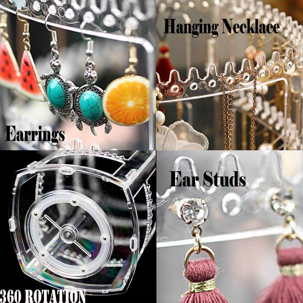 Sooyee 360 Rotating Earring Holder and Jewelry Organizer, 4 Tiers Jewelry Rack Display Classic Stand, 156 Holes and 160 Grooves for Necklaces Earrings Piercings, Clear - 6