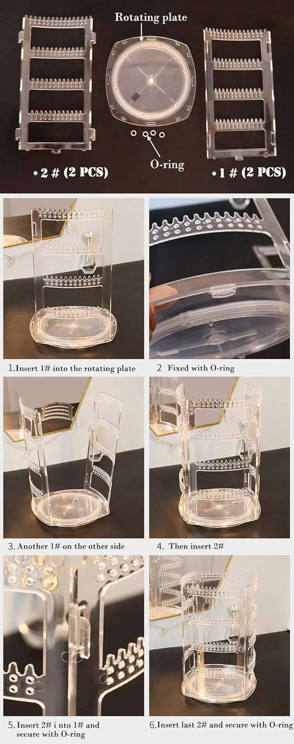 Sooyee 360 Rotating Earring Holder and Jewelry Organizer, 4 Tiers Jewelry Rack Display Classic Stand, 156 Holes and 160 Grooves for Necklaces Earrings Piercings, Clear - 7