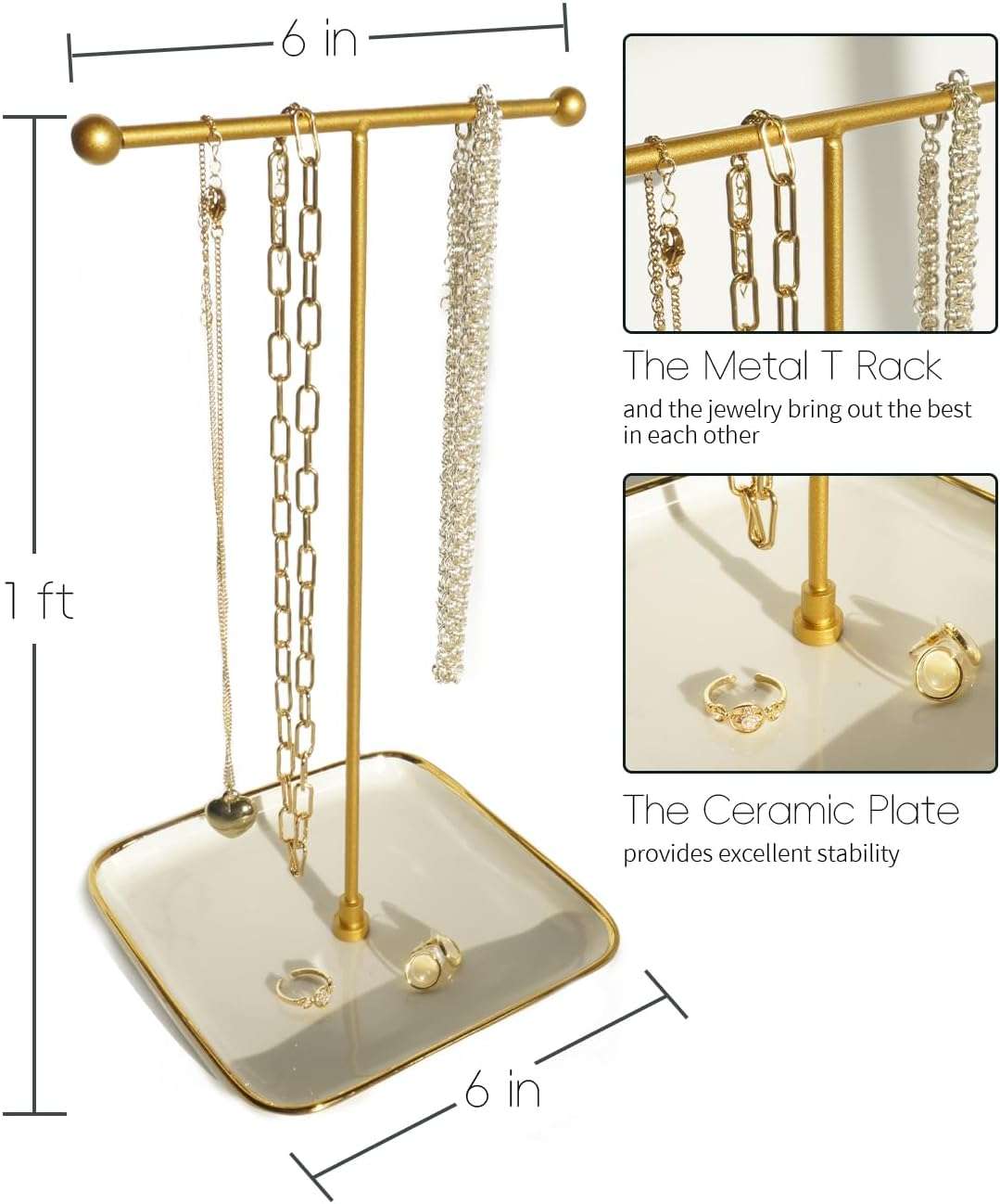 VROOMIUM Necklace Holder- Ceramic Base 1ft Height Jewelry Organizer Stand, Aesthetic Jewelry Hanger Display for Necklaces, Bracelets, Rings, Exhibidor de Collares-Classic White - 4