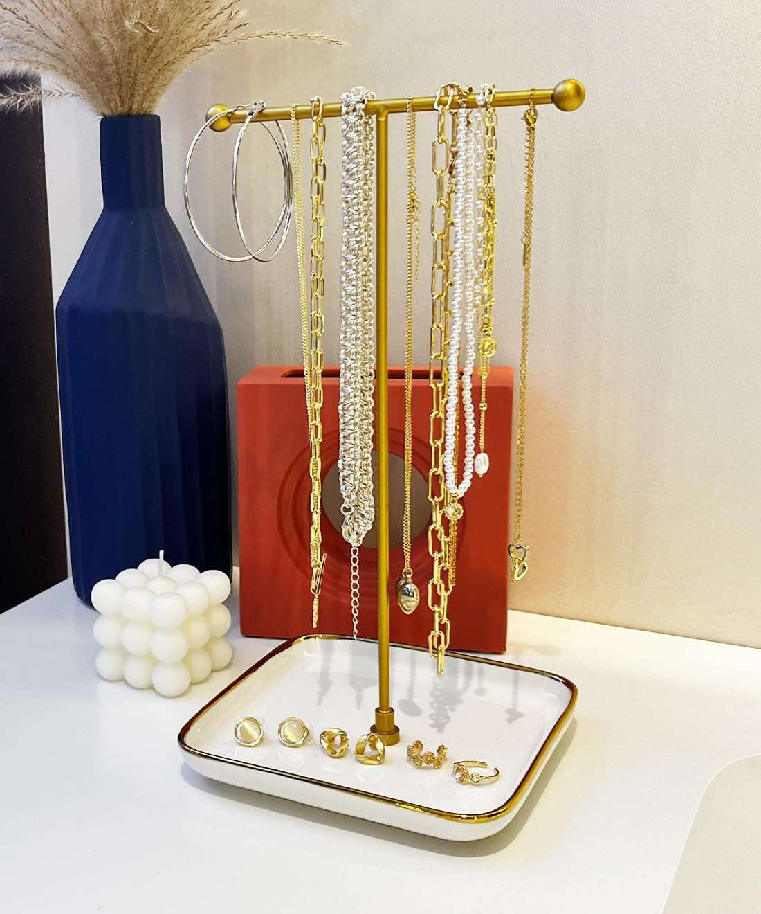 VROOMIUM Necklace Holder- Ceramic Base 1ft Height Jewelry Organizer Stand, Aesthetic Jewelry Hanger Display for Necklaces, Bracelets, Rings, Exhibidor de Collares-Classic White - 5