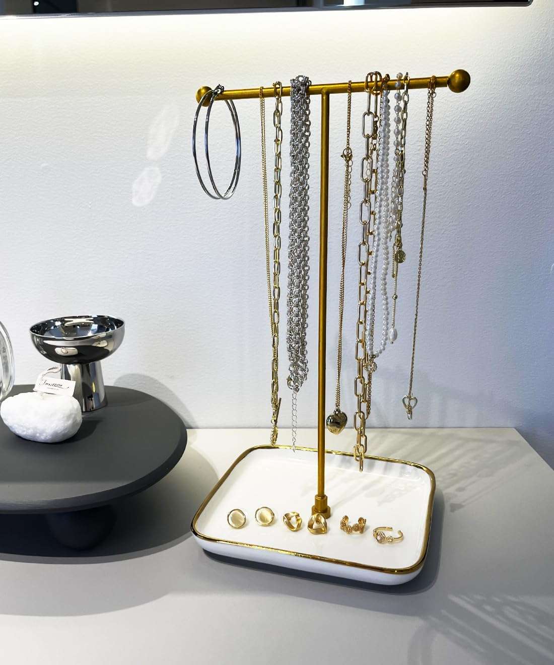 VROOMIUM Necklace Holder- Ceramic Base 1ft Height Jewelry Organizer Stand, Aesthetic Jewelry Hanger Display for Necklaces, Bracelets, Rings, Exhibidor de Collares-Classic White - 6