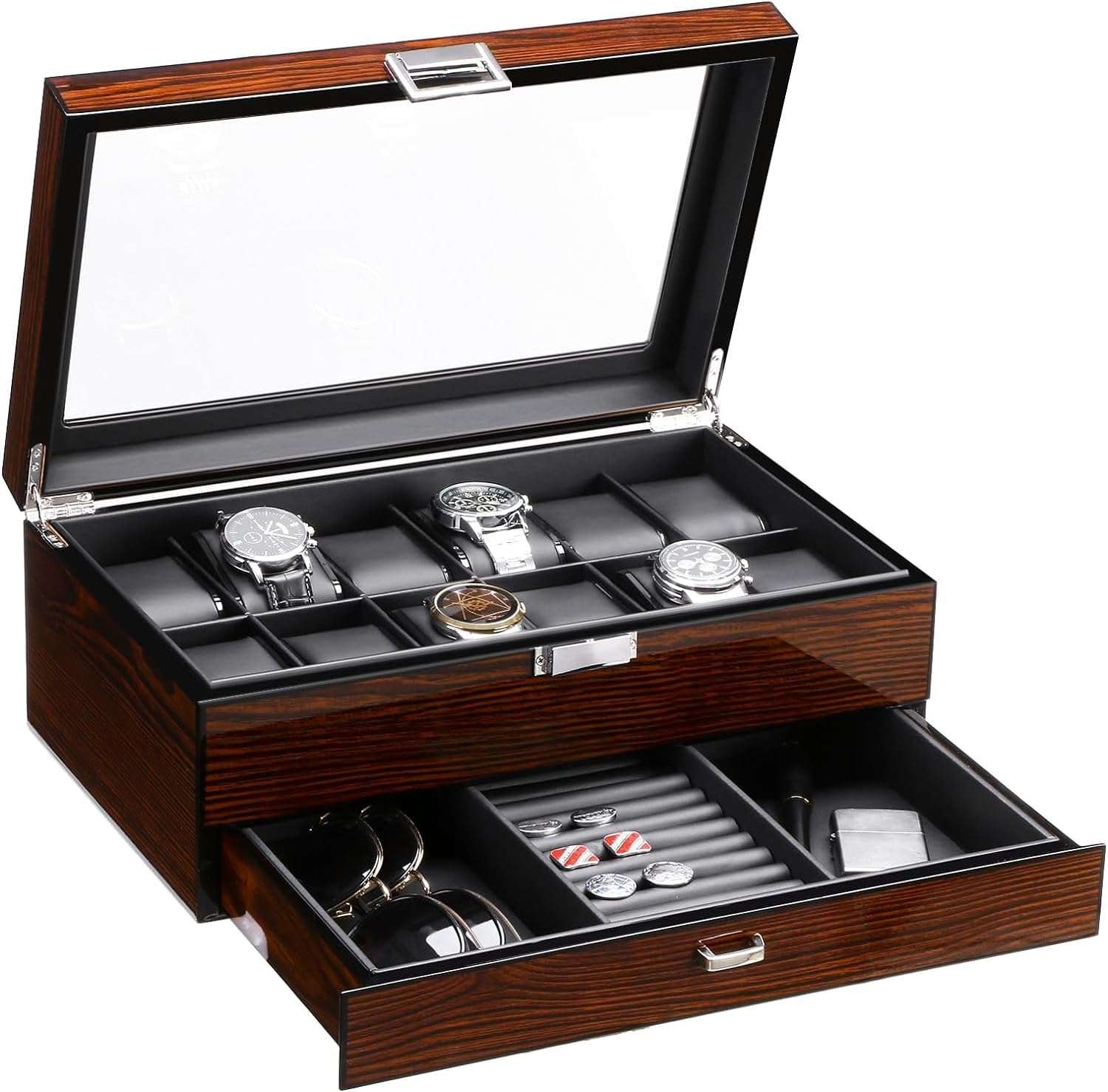 BEWISHOME 12 Watch Box with Valet Drawer, Luxury Watch Case,Watch Organizer for Mens Accessories with Real Glass Top,Metal Hinge, Brown SSH02Y - 1
