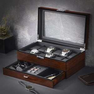 BEWISHOME 12 Watch Box with Valet Drawer, Luxury Watch Case,Watch Organizer for Mens Accessories with Real Glass Top,Metal Hinge, Brown SSH02Y - 2