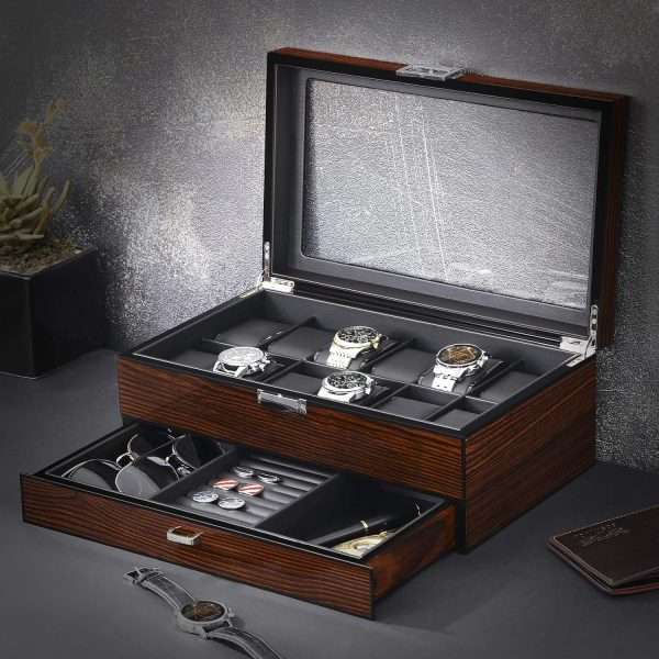 BEWISHOME 12 Watch Box with Valet Drawer, Luxury Watch Case,Watch Organizer for Mens Accessories with Real Glass Top,Metal Hinge, Brown SSH02Y - 2