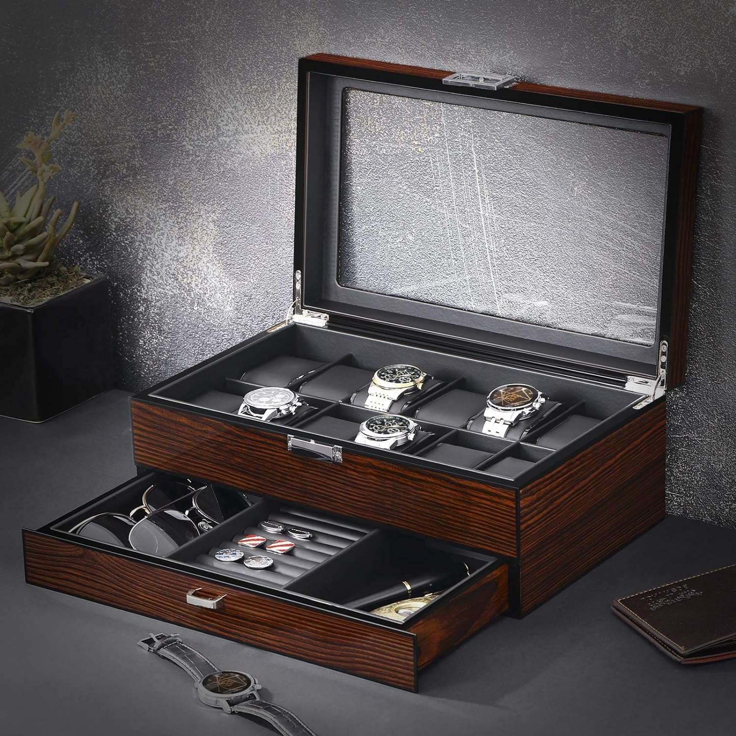 BEWISHOME 12 Watch Box with Valet Drawer, Luxury Watch Case,Watch Organizer for Mens Accessories with Real Glass Top,Metal Hinge, Brown SSH02Y - 2