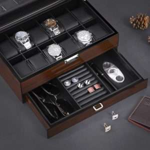 BEWISHOME 12 Watch Box with Valet Drawer, Luxury Watch Case,Watch Organizer for Mens Accessories with Real Glass Top,Metal Hinge, Brown SSH02Y - 5