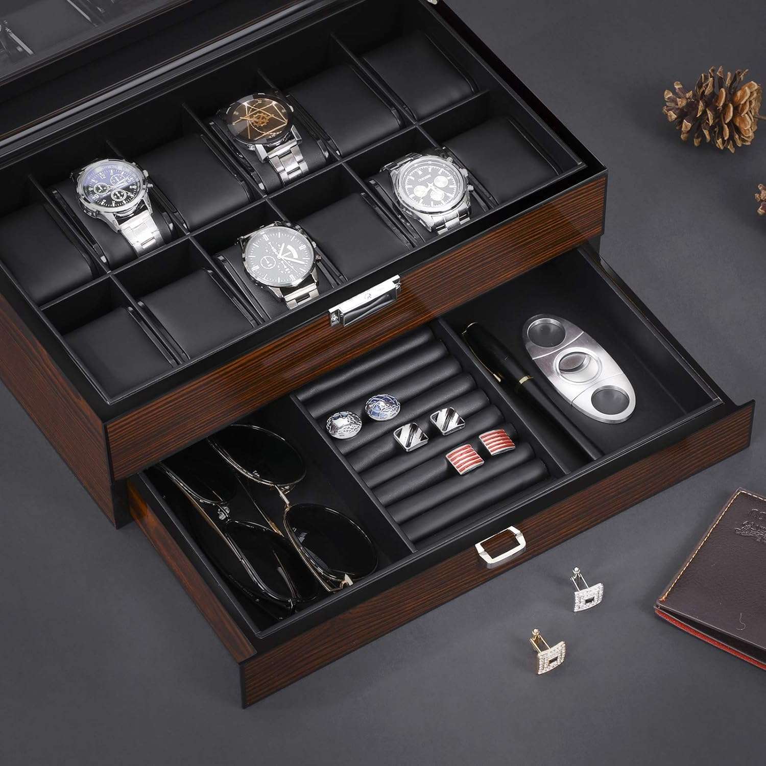 BEWISHOME 12 Watch Box with Valet Drawer, Luxury Watch Case,Watch Organizer for Mens Accessories with Real Glass Top,Metal Hinge, Brown SSH02Y - 5