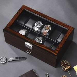 BEWISHOME 12 Watch Box with Valet Drawer, Luxury Watch Case,Watch Organizer for Mens Accessories with Real Glass Top,Metal Hinge, Brown SSH02Y - 6