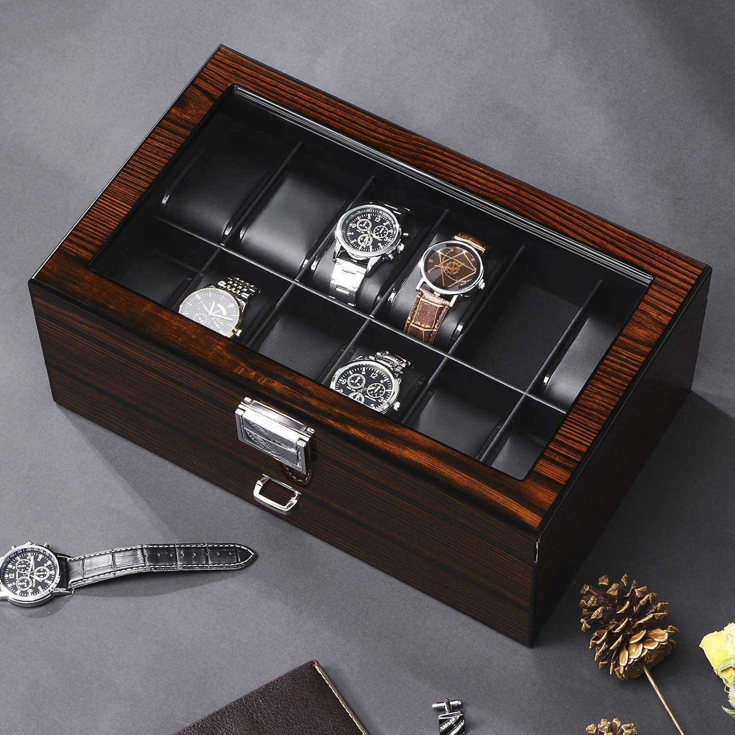 BEWISHOME 12 Watch Box with Valet Drawer, Luxury Watch Case,Watch Organizer for Mens Accessories with Real Glass Top,Metal Hinge, Brown SSH02Y - 6