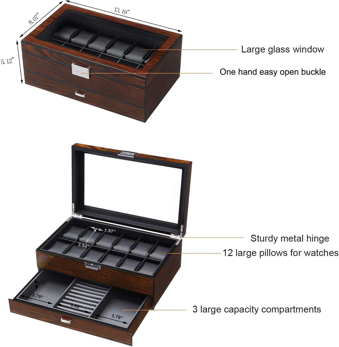 BEWISHOME 12 Watch Box with Valet Drawer, Luxury Watch Case,Watch Organizer for Mens Accessories with Real Glass Top,Metal Hinge, Brown SSH02Y - 7