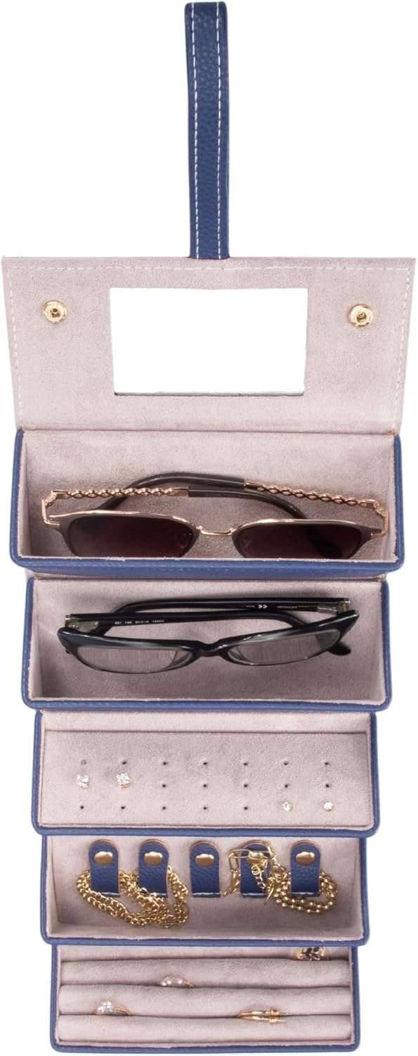 Brouk & Co Leah 5 Eyewear & Jewelry Case - Pebbled Vegan Leather, Foldable Case, Snap Closure, Hanging Loop, Interior Mirror, 5 Compartments- Sunglasses and Jewelry - 2