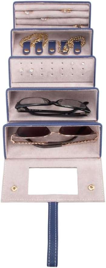 Brouk & Co Leah 5 Eyewear & Jewelry Case - Pebbled Vegan Leather, Foldable Case, Snap Closure, Hanging Loop, Interior Mirror, 5 Compartments- Sunglasses and Jewelry - 3