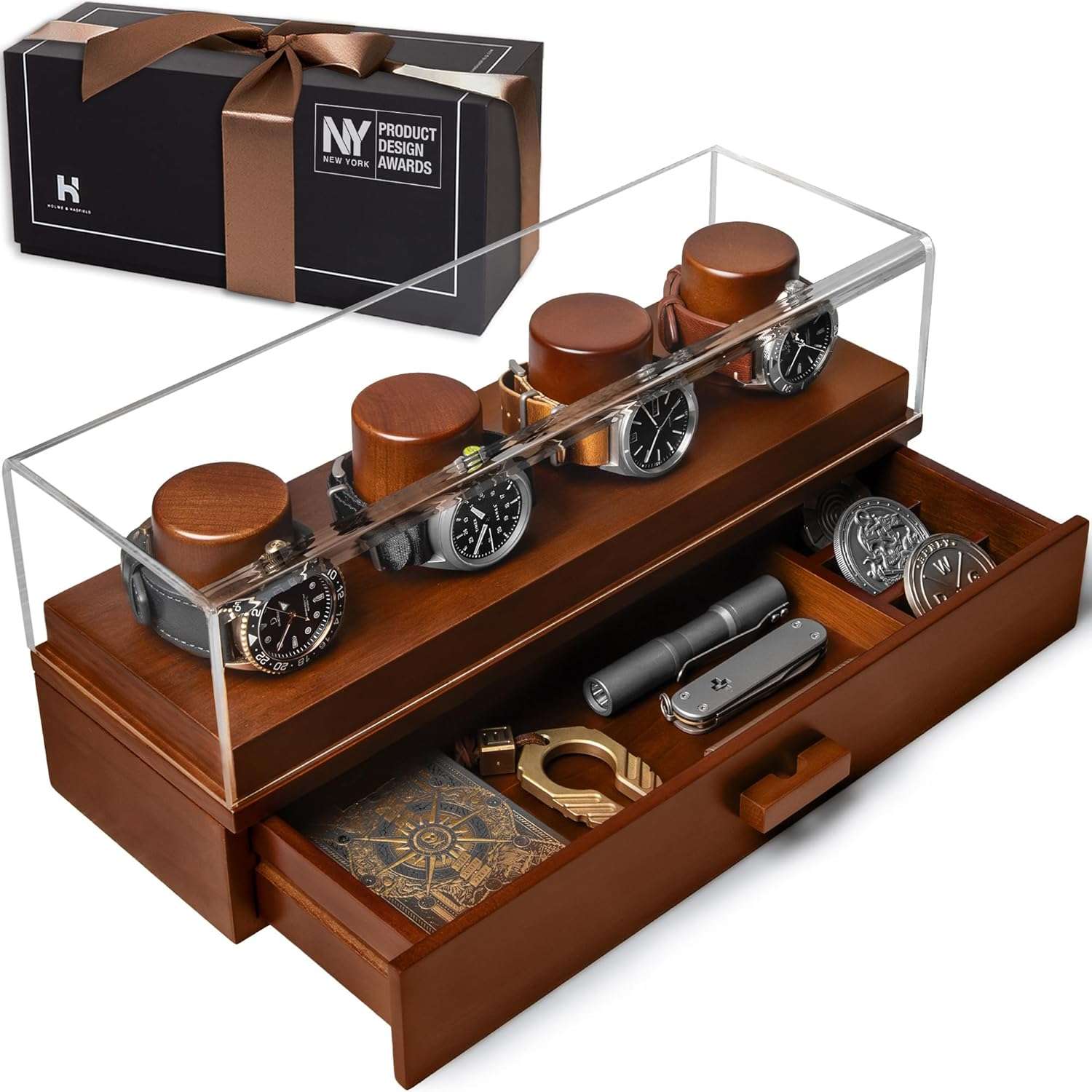 Holme & Hadfield 4-Slot Luxury Watch Box The Watch Deck – Premium Watch Display Case With a Drawer – Wooden Watch Box For Men With Lifetime Assurance – Mens Watch Stand – Unique Christmas Gift - 1
