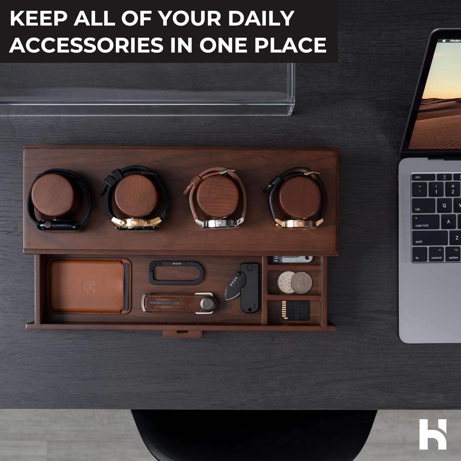 Holme & Hadfield 4-Slot Luxury Watch Box The Watch Deck – Premium Watch Display Case With a Drawer – Wooden Watch Box For Men With Lifetime Assurance – Mens Watch Stand – Unique Christmas Gift - 4