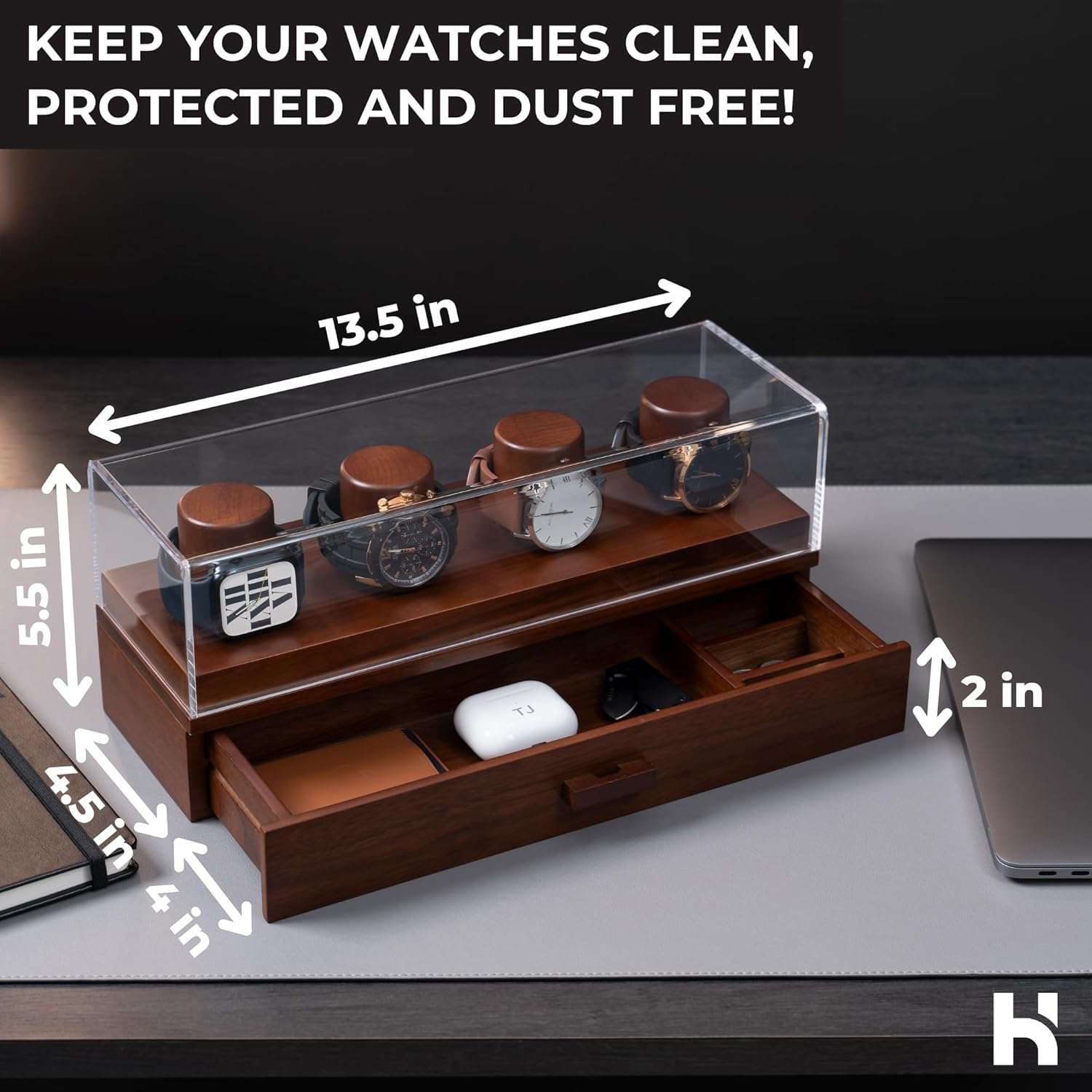 Holme & Hadfield 4-Slot Luxury Watch Box The Watch Deck – Premium Watch Display Case With a Drawer – Wooden Watch Box For Men With Lifetime Assurance – Mens Watch Stand – Unique Christmas Gift - 8
