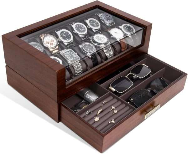 KAMIER 12 Slots Watch Box Case Organizer Display for Men,Two-Tier Wooden Watch Box Organizer For Men with watch holder and Drawer,Walnut - 1