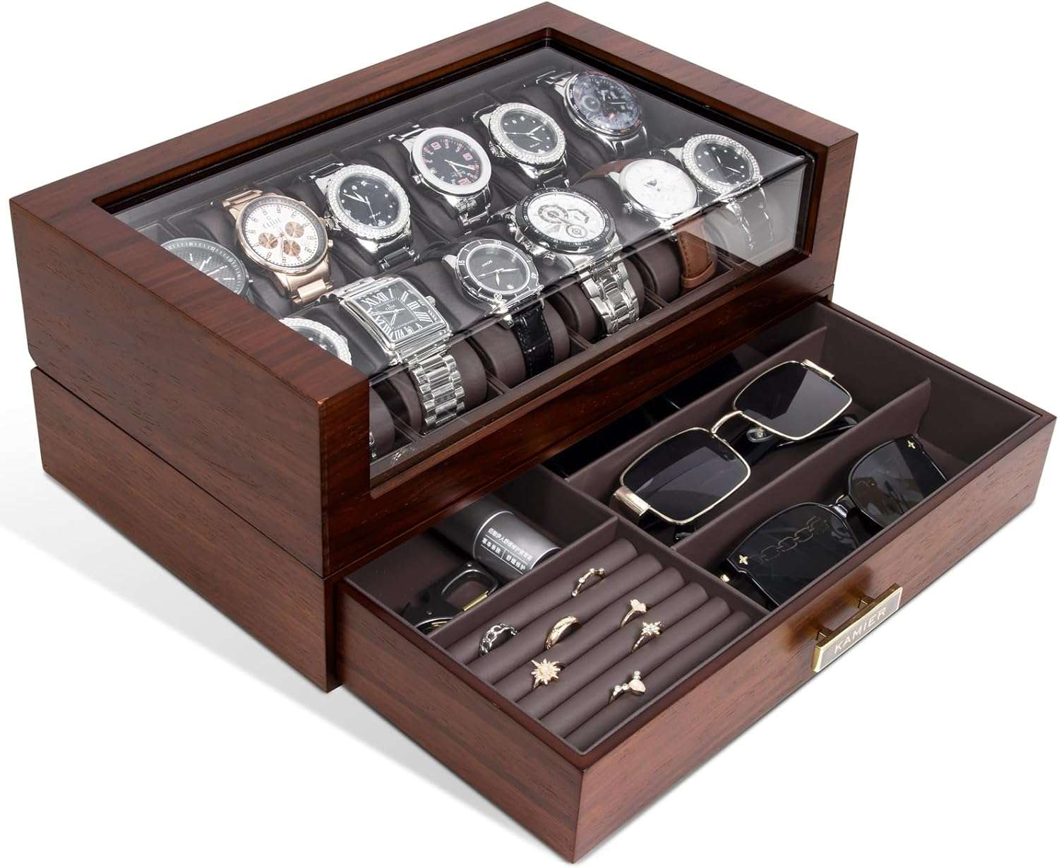 KAMIER 12 Slots Watch Box Case Organizer Display for Men,Two-Tier Wooden Watch Box Organizer For Men with watch holder and Drawer,Walnut - 1