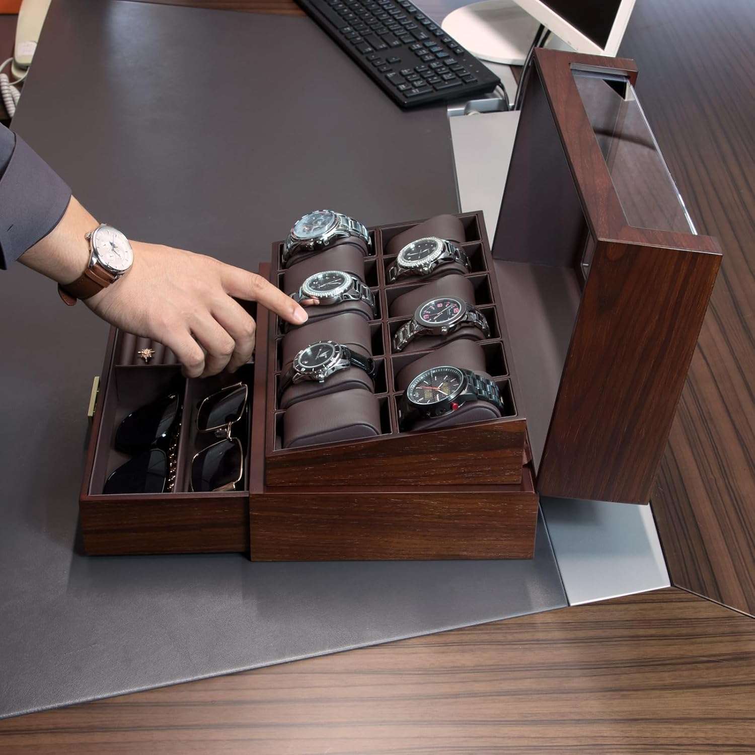KAMIER 12 Slots Watch Box Case Organizer Display for Men,Two-Tier Wooden Watch Box Organizer For Men with watch holder and Drawer,Walnut - 2