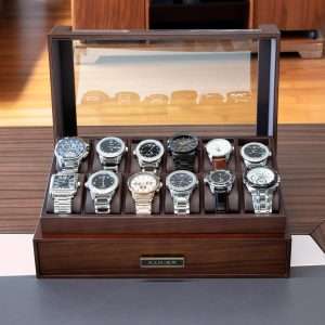 KAMIER 12 Slots Watch Box Case Organizer Display for Men,Two-Tier Wooden Watch Box Organizer For Men with watch holder and Drawer,Walnut - 3