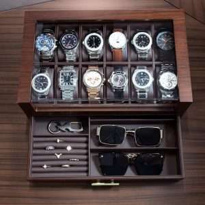 KAMIER 12 Slots Watch Box Case Organizer Display for Men,Two-Tier Wooden Watch Box Organizer For Men with watch holder and Drawer,Walnut - 4