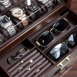 KAMIER 12 Slots Watch Box Case Organizer Display for Men,Two-Tier Wooden Watch Box Organizer For Men with watch holder and Drawer,Walnut - 5