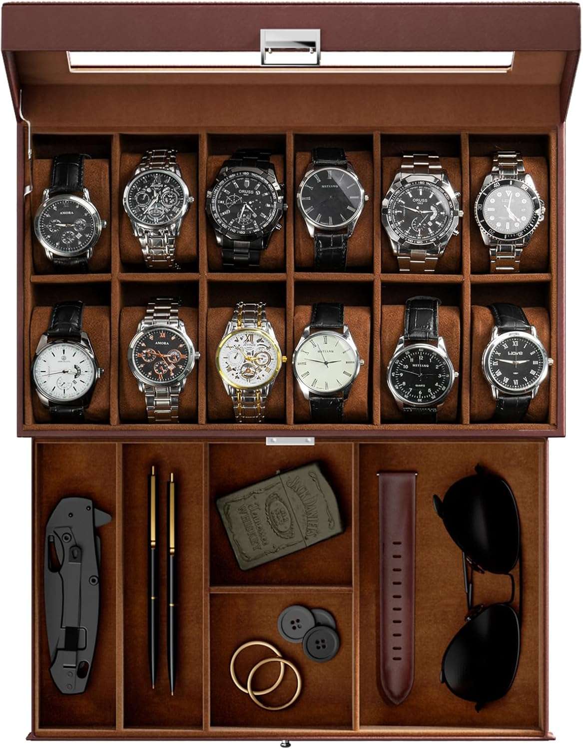 ProCase Watch Box for Men, 12 Slot Mens Watch Case With Drawer, Watch Display Case With Glass Lid, 2-Layer Watch Holder Organizer, Jewelry and Watch Storage for Men Women -12Slot, Espresso - 1