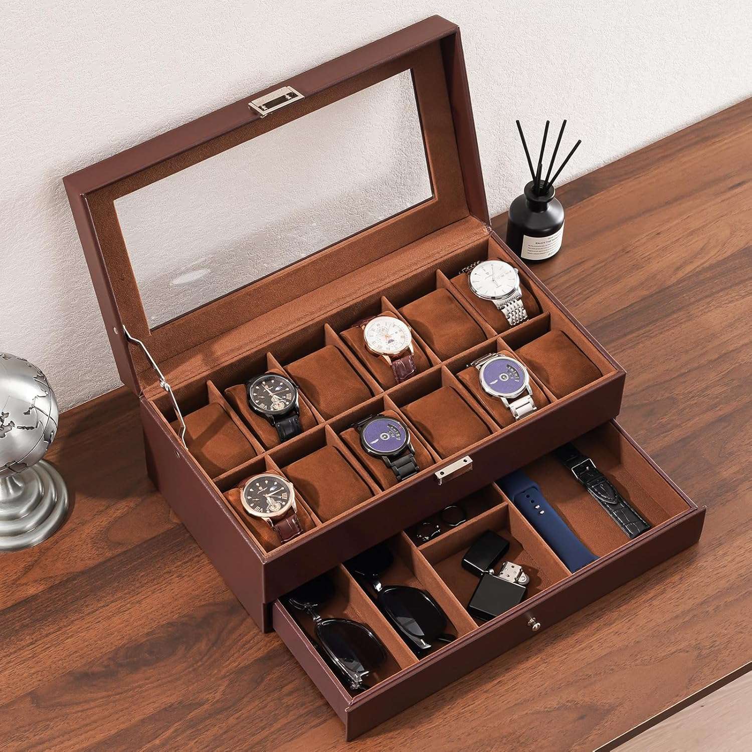ProCase Watch Box for Men, 12 Slot Mens Watch Case With Drawer, Watch Display Case With Glass Lid, 2-Layer Watch Holder Organizer, Jewelry and Watch Storage for Men Women -12Slot, Espresso - 3