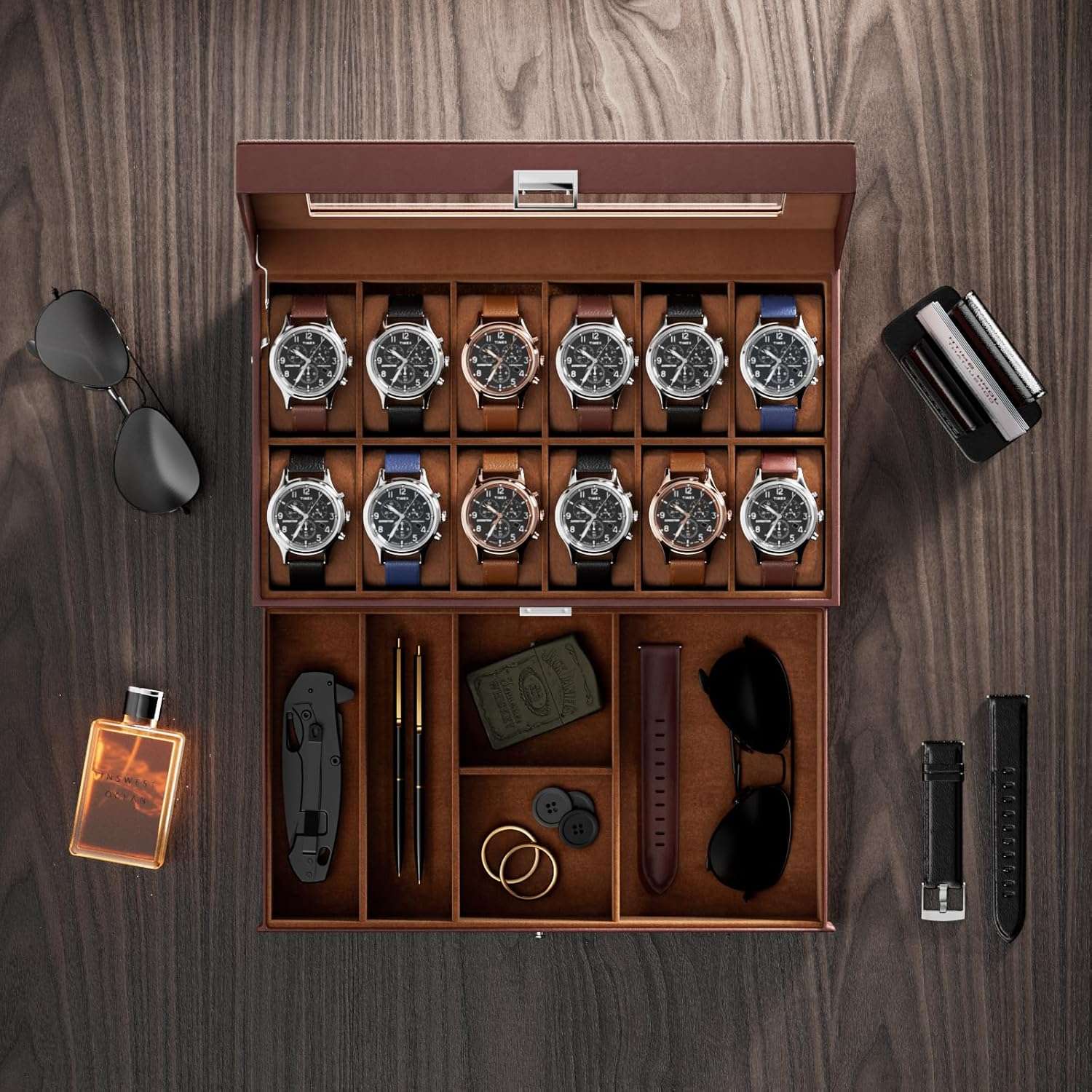 ProCase Watch Box for Men, 12 Slot Mens Watch Case With Drawer, Watch Display Case With Glass Lid, 2-Layer Watch Holder Organizer, Jewelry and Watch Storage for Men Women -12Slot, Espresso - 4