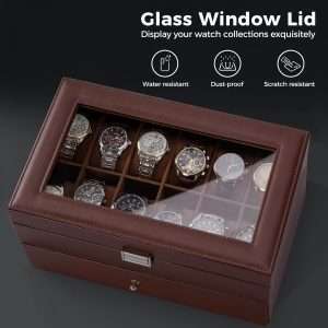 ProCase Watch Box for Men, 12 Slot Mens Watch Case With Drawer, Watch Display Case With Glass Lid, 2-Layer Watch Holder Organizer, Jewelry and Watch Storage for Men Women -12Slot, Espresso - 5