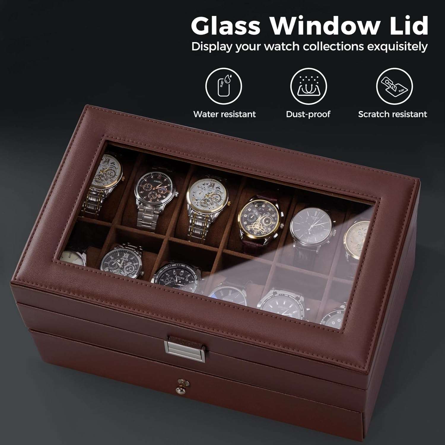 ProCase Watch Box for Men, 12 Slot Mens Watch Case With Drawer, Watch Display Case With Glass Lid, 2-Layer Watch Holder Organizer, Jewelry and Watch Storage for Men Women -12Slot, Espresso - 5